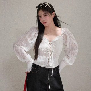    Bigsize 55-100kg  Áo Blouse ren trắng tay dài bồng bềnh phong cách tiểu thư cổ điển 