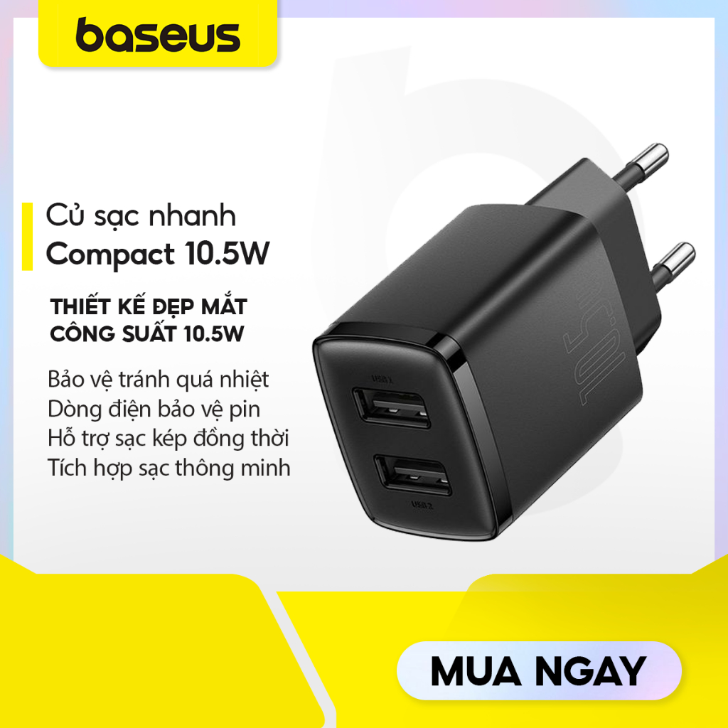 Củ sạc nhanh BASEUS Compact 10.5W hai cổng USB tiện lợi đa năng