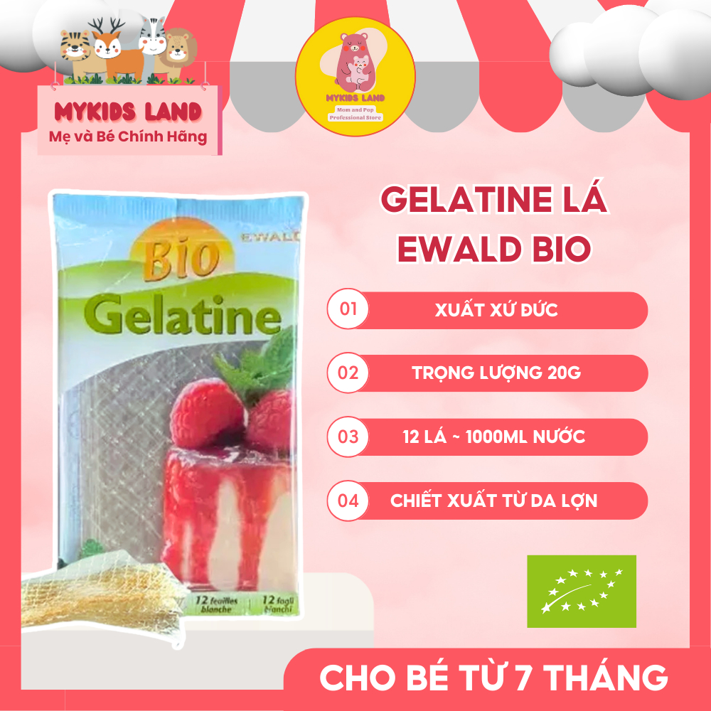 Gelatin Hữu Cơ Dạng Lá EWALD BIO Gelatine Đức 20g / 12 lá - An Toàn Cho Bé Từ 7 Tháng