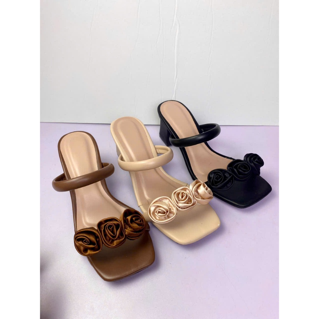 Dép gót 5 phân hai quai ngang phối hoa da mờ thời trang ( đi đúng size,chân đầy tăng size) Nữ Shoes GiàY Women DéP