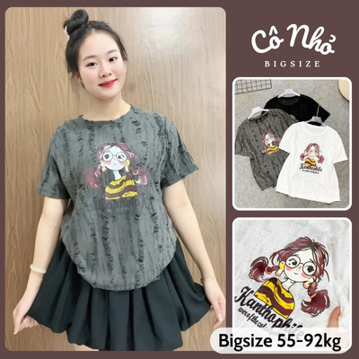 Áo Thun Bigsize Nữ Vải Xước Gân In Hình Dễ Thương Năng Động Mặc Mát Cho Chubby A287