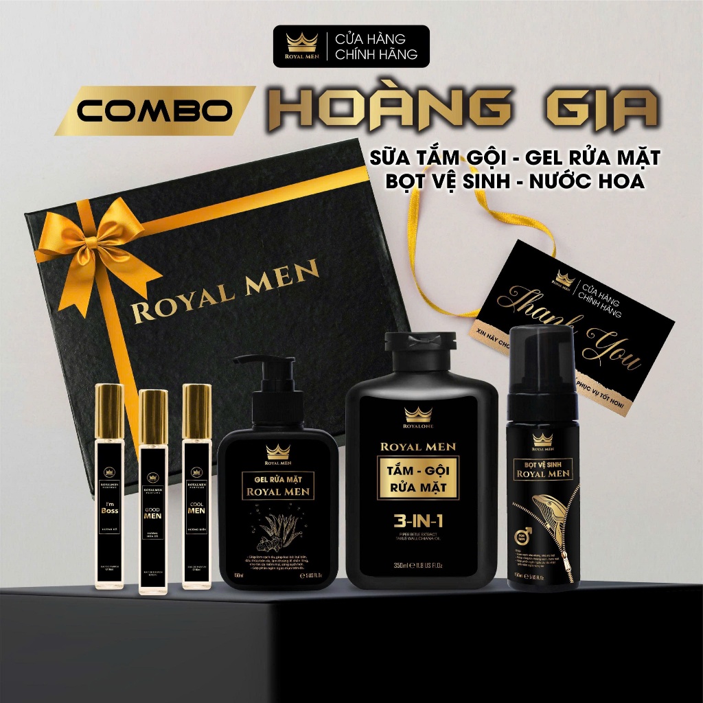 COMBO Hoàng Gia 6 Sản Phẩm Dành Cho Nam Giới ROYALMEN - Sữa Tắm gội, Gel rửa Mặt, Bọt Vệ sinh & nước hoa