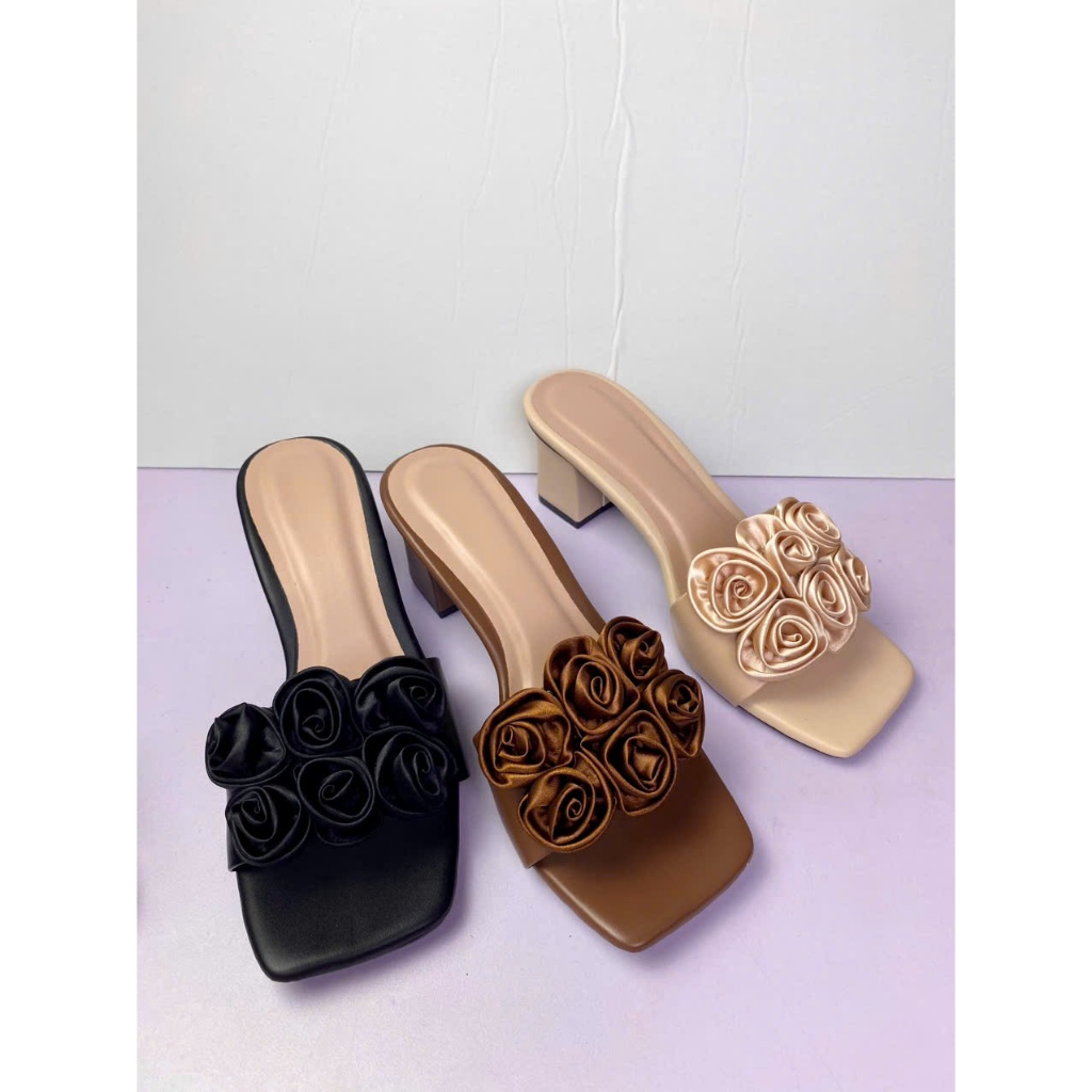 (6 HOA,5 PHÂN)Dép gót quai ngang phối hoa da mờ thời trang ( đi đúng size,chân thon gầy lùi size) Nữ Shoes GiàY Women D