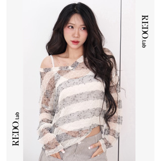 | MỞ BÁN REDO  | ÁO REN LƯỚI DÁNG RỘNG CỔ TIM RỘNG HOẠ TIẾT KẺ NGANG KÈM ÁO THUN HAI DÂY BASIC