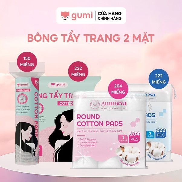 Bông Tẩy Trang GUMI Cao Cấp – 222 Miếng, EVA 204 Miếng, Tròn 150 Miếng, Vuông EVA 222 Miếng