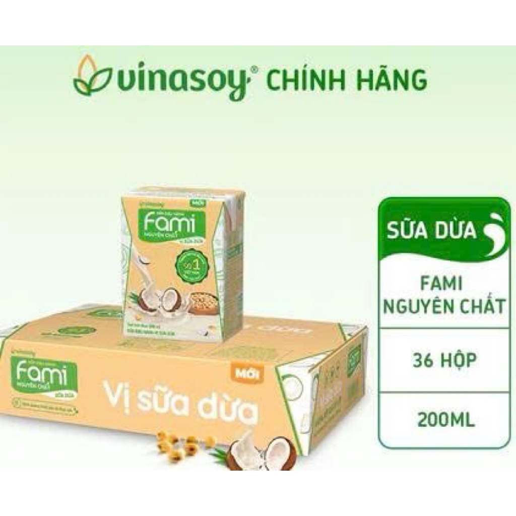 Thùng sữa đậu nành Fami Nguyên Chất vị đậu đỏ/sữa dừa/ đường đen (36 hộp x 200ml)