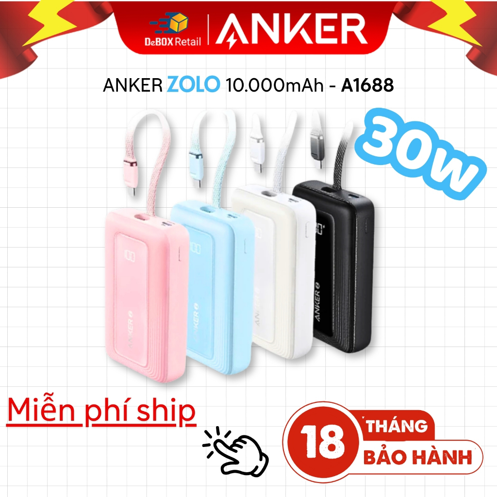 Pin Sạc dự phòng Anker Zolo A1688 dung lượng 10000mAh, 30W Tích hợp cáp type C tiện lợi, màn LED hiể