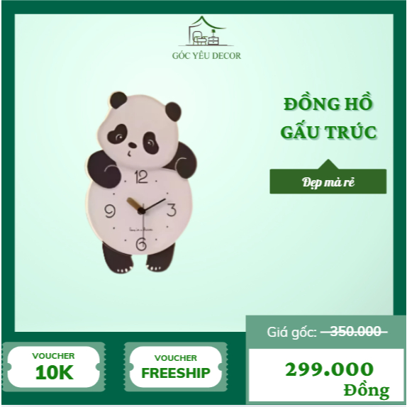 Đồng hồ gấu trúc lắc chân, đồng hồ treo tường, đồng hồ decor phòng khách dễ thương Góc yêu decor