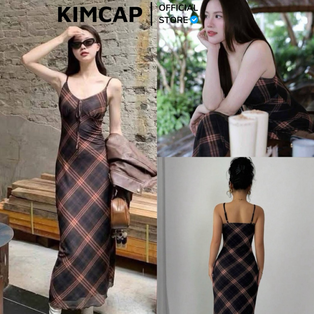 Váy 2 dây ôm body cổ chữ V kẻ caro nâu đen lưới ( Hàng hãng)