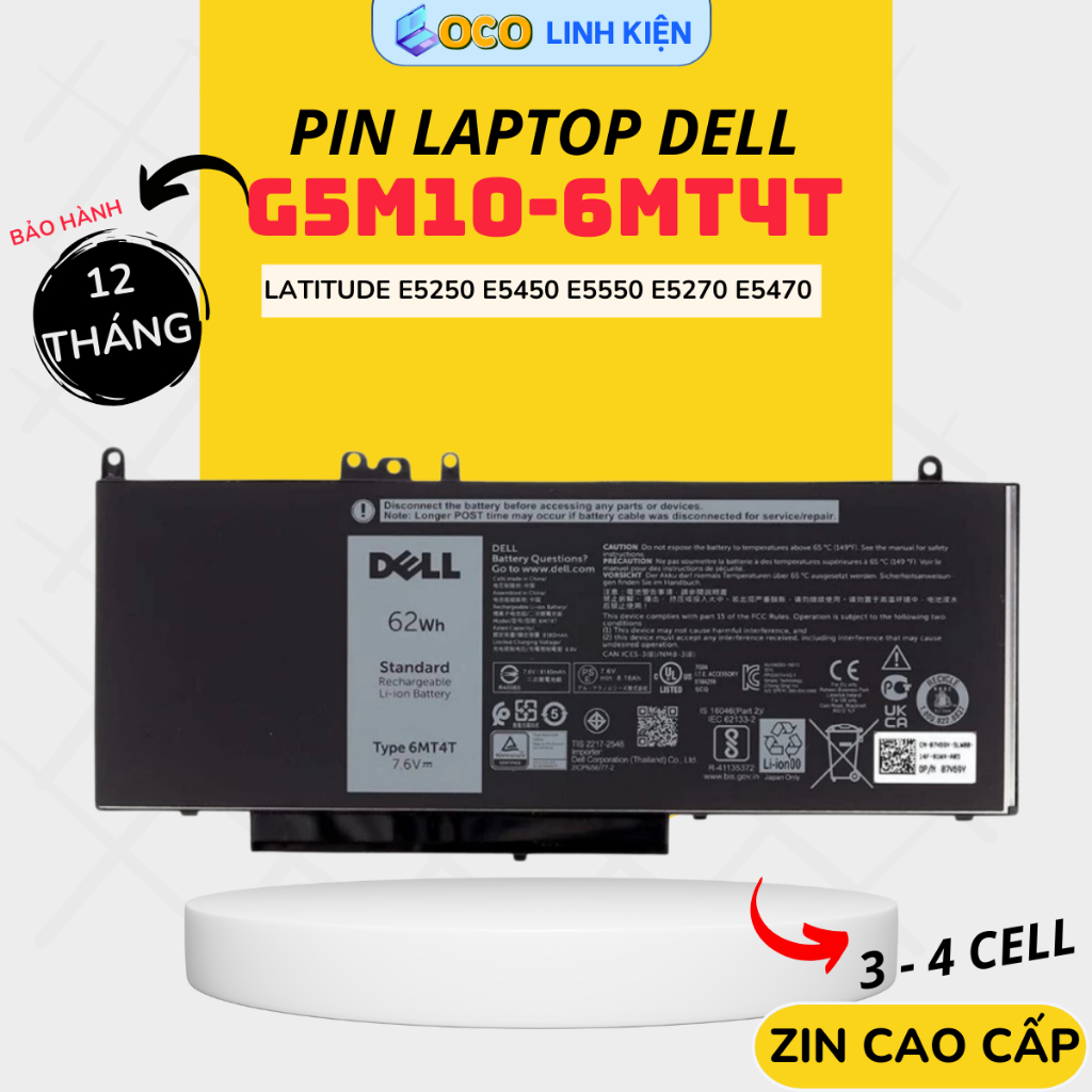   ZIN  Pin Dell Inspiron 14 15 17 3000 5000 Latitude E5250 E5450 E5550 E5270 E5470 E5570 Linh Kiện  G5M10 51Wh   6MT4T 