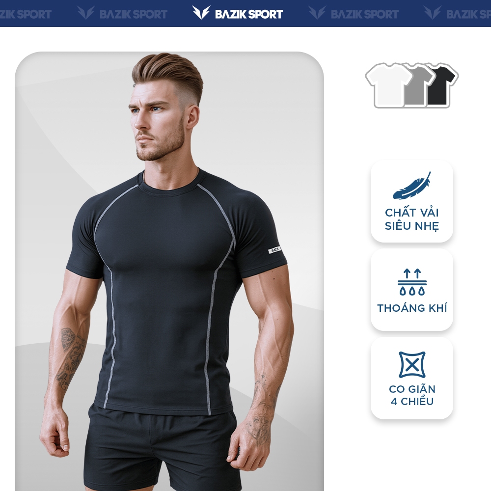 Áo Thun Thể Thao BAZIK Bodyfit ActivePro Thoải Mái Tập Gym, Chạy Bộ, Thể Thao Form Slimfit Màu Đen - Ghi