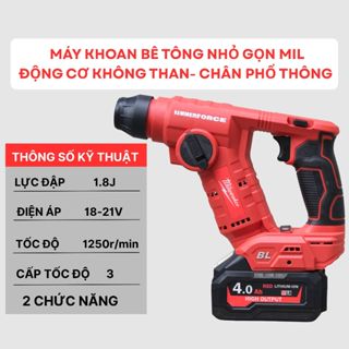  Khoan bê tông Mil 2 chức năng pin phổ thông 18- 21V  Máy khoan đục bê tông mini  1.8J động cơ không than 