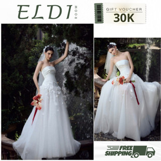  Đầm cưới đi bàn cô dâu J.an  TẶNG TRỄ VAI RỜI  mặc hai KIỂU xếp ly chéo bo eo lưới kim sa đính hoa tiểu thư xinh xắn 