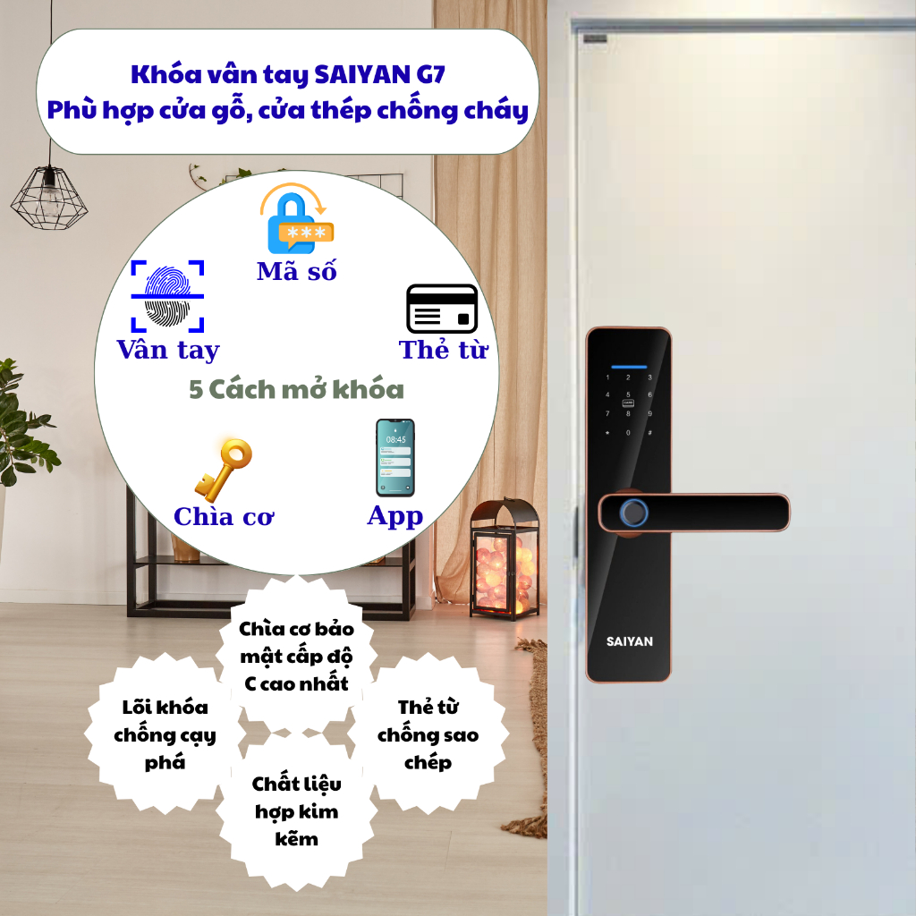  Khoá vân tay cửa gỗ SAIYAN Model G7 - Khóa thông minh chỉ lắp cửa gỗ cửa thép kt 265*65mm 