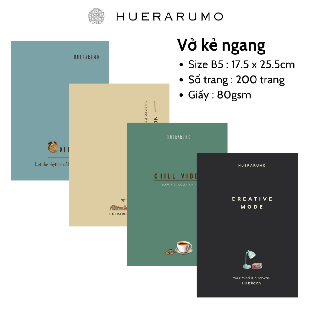 Vở Kẻ Ngang B5 HUERARUMO 200 Trang – Bộ Sưu Tập SOUNDTRACK OF STUDY – Giấy 80gsm, May Gáy – Vở Học S