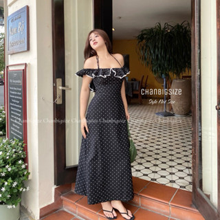 [CHAN BIGSIZE 55-85kg] Đầm chấm bi trễ vai nhún bèo dáng dài bigsize