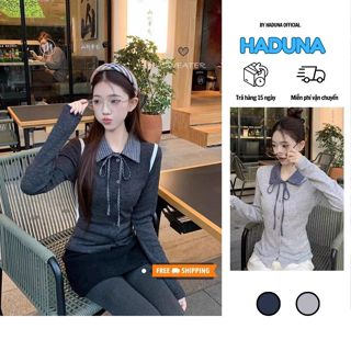  Áo Len Tăm Dáng Ôm Cổ Bẻ Sơ Mi Phối Dây Buộc Nơ Thời Trang Phối Đồ Nữ Phong Cách Hàn Quốc 2025 