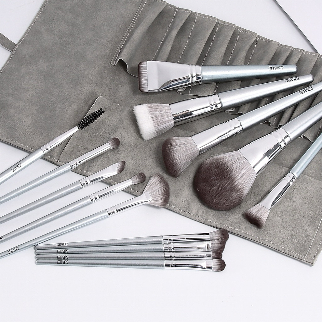 Bộ cọ trang điểm cá nhân GUVIET set 14 cây màu xám bạc có bao da (cốc) | BigBuy360 - bigbuy360.vn