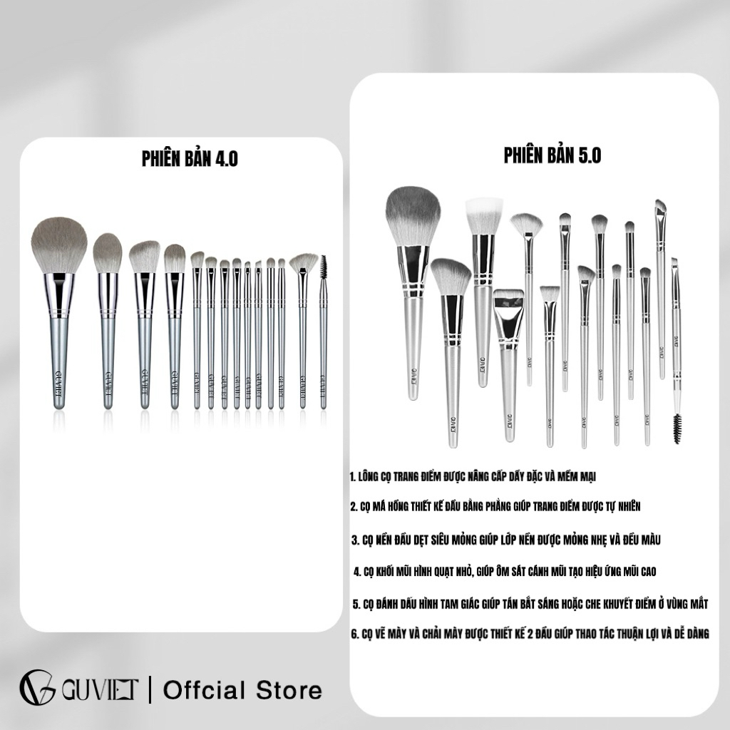 Bộ cọ trang điểm cá nhân GUVIET set 14 cây màu xám bạc có bao da (cốc) | BigBuy360 - bigbuy360.vn