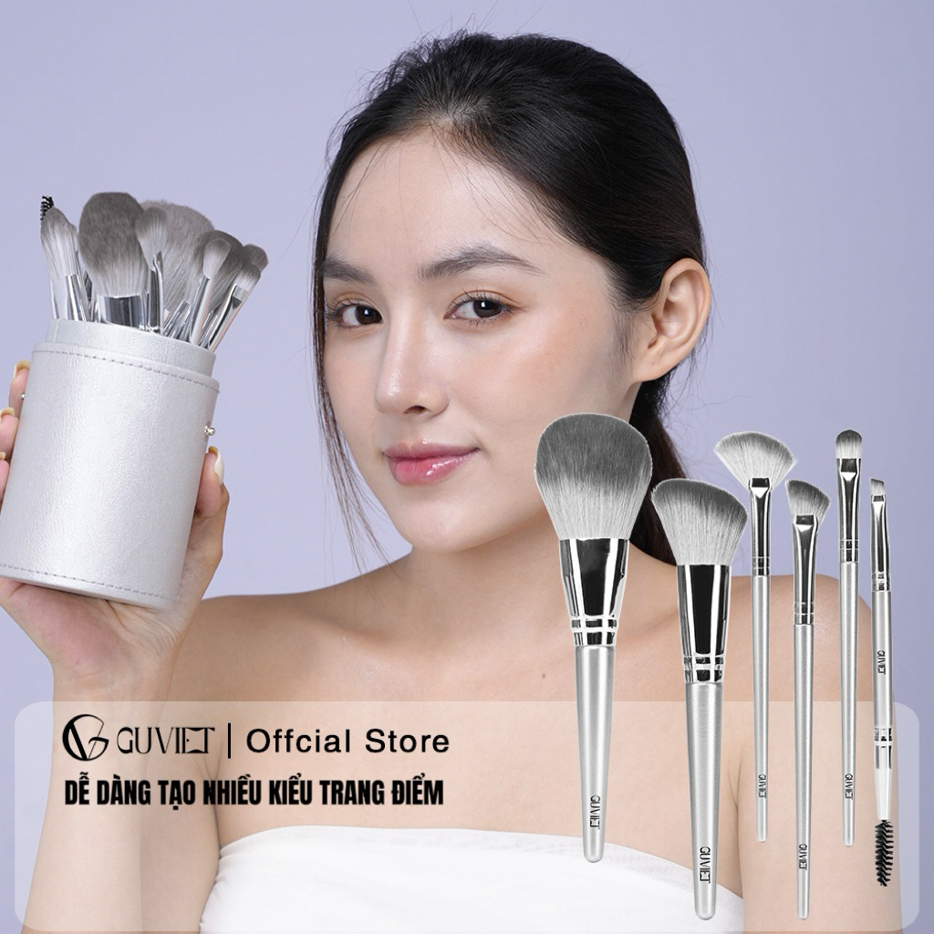 Bộ cọ trang điểm cá nhân GUVIET set 14 cây màu xám bạc có bao da (cốc) | BigBuy360 - bigbuy360.vn