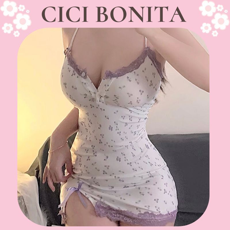 [Loại đẹp] Váy Ngủ Body Sexy - Đầm Ngủ Thun 2 Dây Phối Ren Họa Tiết Hoa Nhí CV133 CICI BONITA HCM