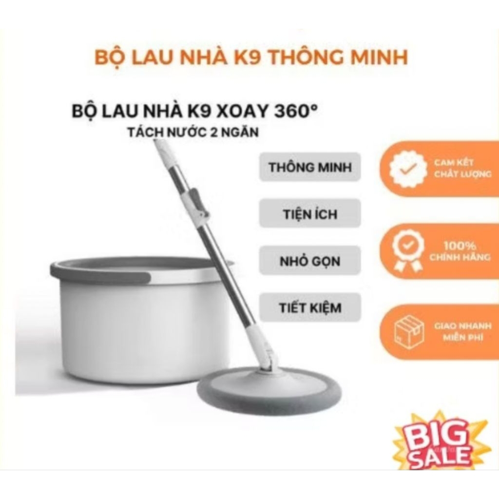 (FREESHIP) Bộ lau nhà tự vắt thông minh 2 bông lau cây lau nhà tách nước bẩn K9 có quai xách xoay 360 độ