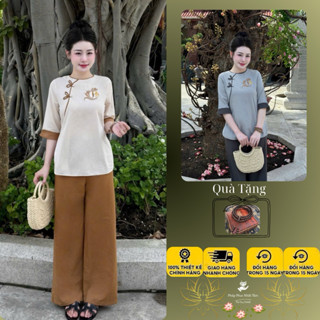 Ms54 Pháp phục lễ chùa nữ thêu an, đồ lam đi chùa nữ cổ tròn vải đũi xước cúc ngọc cách tân tay lỡ