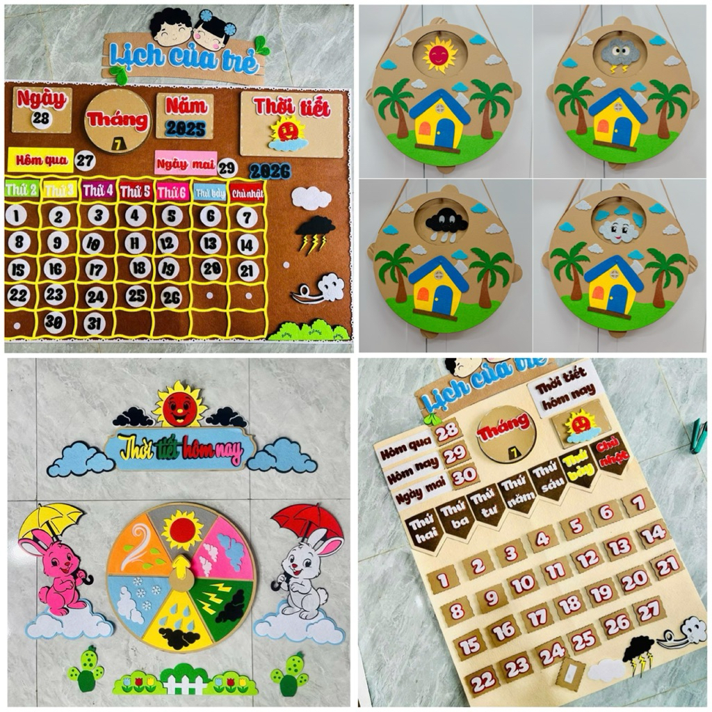 Bảng góc thời tiết, lịch thứ ngày tháng bóc dán xoay Steam dạy trẻ Mầm non