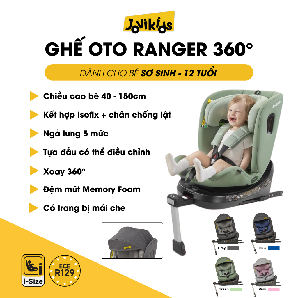 Ghế ôtô cho bé Jovikids RANGER | Xoay 360° | ISOFIX | i-Size ECE R129 | 0–12 tuổi