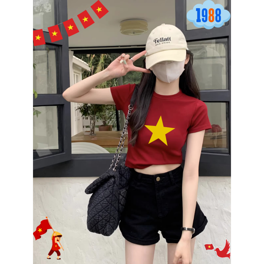 Áo Croptop Việt Nam, Croptop màu đỏ đô dáng ôm in hình cờ đỏ sao vàng, cổ động 2-9 có nhiều hình