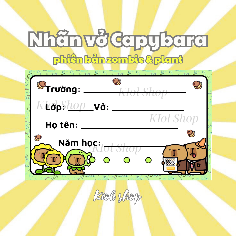 Set 10 Nhãn Vở Capybara Phiên Bản Plant & Zombie Tặng Kèm 5 Stickers Siêu Xinh -Nhãn Vở Capybara Tin