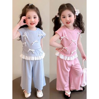  Bộ 2 Màu Cực Xinh Bao Gồm Quần Dài Xuông và Áo Đính Nơ có Ren dễ thương Quà tặng dành cho bé Gái từ 10-40Kg. 