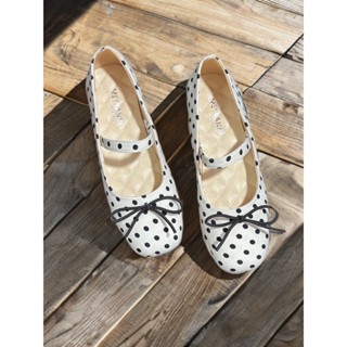 Giày Búp Bê MEYBANNI Mũi Tròn Chấm Bi Đế Bệt Quai Ngang Phối Nơ Xinh - C193