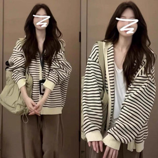 [ẢNH THẬT] SẴN Áo khoác len có khoá kéo cardigan kèm mũ dáng hoodie sọc ngang đen trắng có bo gấu oversize form rộng