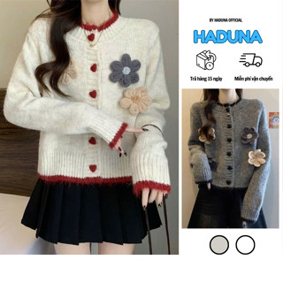 Áo Khoác Cardigan Len Nữ Cài Nút Hoa Áo Tay Dài Phối Khuy Đính Nơ Haduna