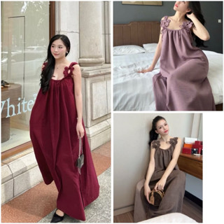  Váy maxi hai dây bản to phối hoa vai chất linen dáng suông có túi hai bên thanh lịch sang chảnh - VPH 