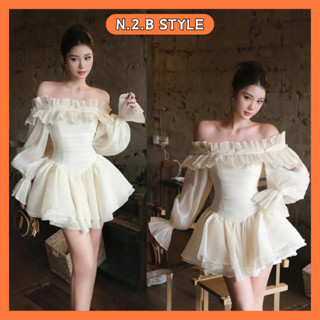 Váy Trễ Vai Dài Tay Bồng Đính Hạt Ngọc Dáng Xòe Tiểu Thư Sang Chảnh Đi Tiệc Kèm Quần Bảo Hộ NB101