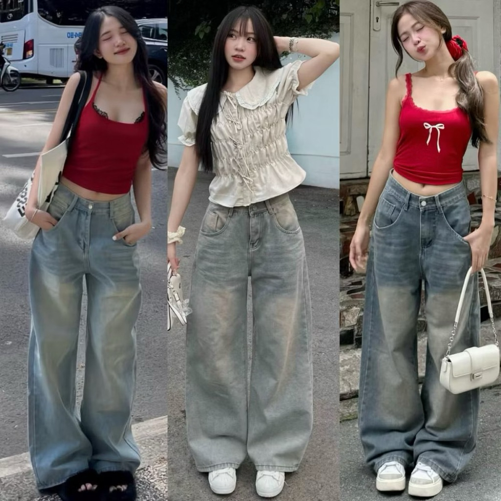 QUẦN JEANS ỐNG XUÔNG WASH MÀU CẠP CAO CHẤT JEANS MỀM DÀNH CHO NỮ