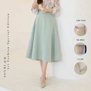 Chân váy xòe dài 76cm dáng công sở SONMI Hàn Quốc thiết kế cao cấp 2 lớp cạp cao màu vàng xanh nâu FLOREN MARGAU SK146 