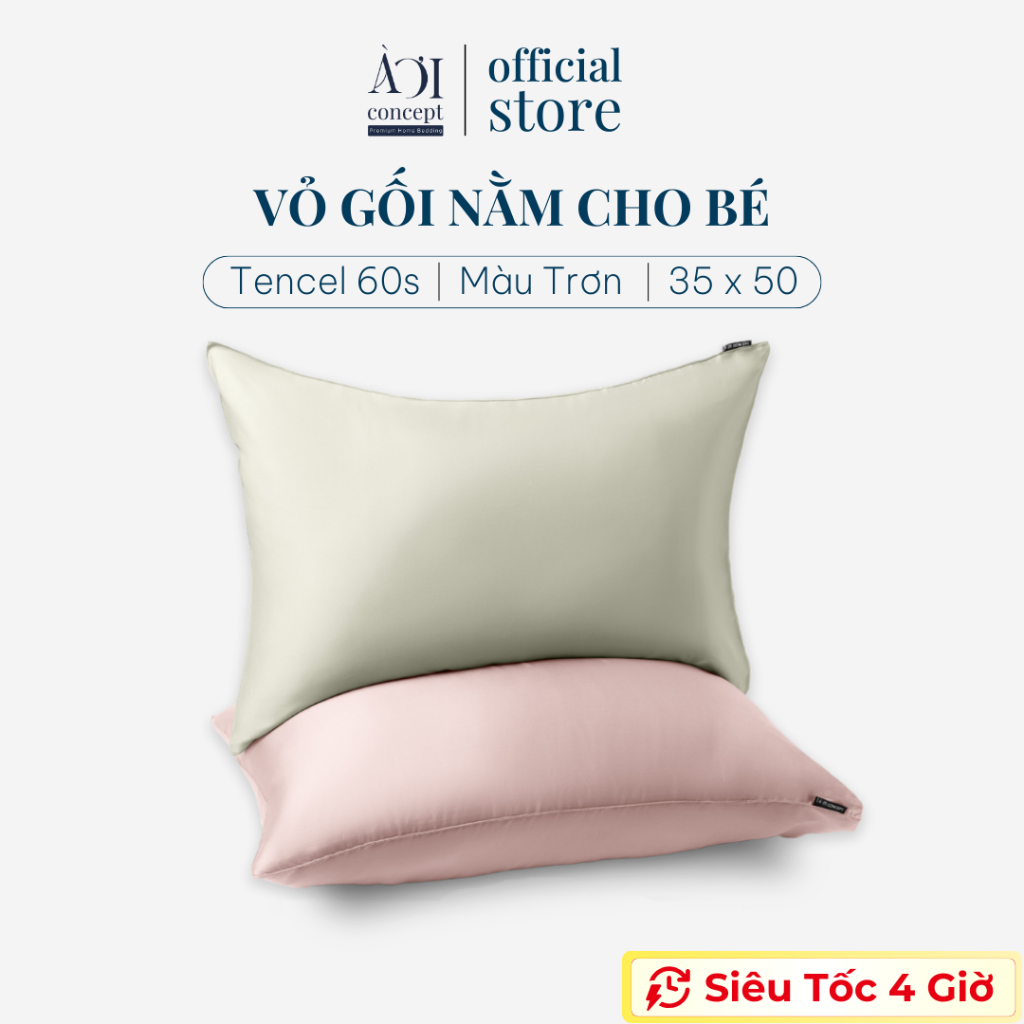 Vỏ Gối Nằm Lụa Tencel 60s Size 35x50cm Cho Bé Cao Cấp AOICONCEPT Màu Trơn Sản Xuất Tại Việt Nam
