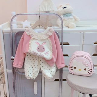 Quần áo trẻ em, Bộ nỉ thu đông bé gái, áo thỏ cổ ren và quần nỉ cho bé 9-25kg S1693 | Tiểu Yến KID