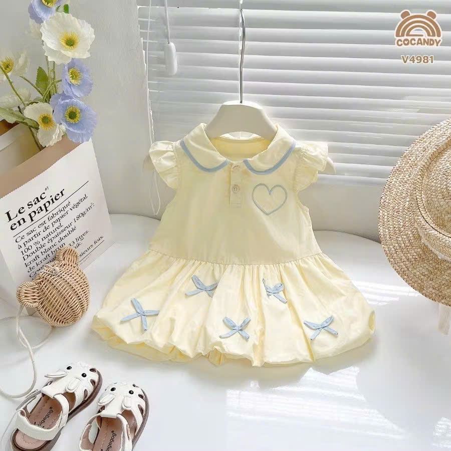 Váy bé gái- váy bé gái cánh tiên cổ bèo thêu tim đính nơ chân váy phồng cho bé từ 1 tuổi đến 7 tuổi