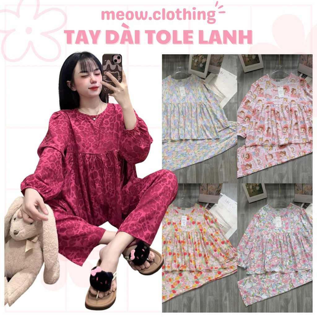  Đồ Ngủ Nữ Bộ Mặc Nhà Tay Dài Babydoll Vải Tole Lanh Mềm Mát Form Rộng <60kg 