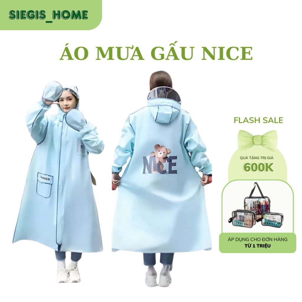 Áo mưa thời trang gấu Nice có khoá kéo tiện lợi chất lượng cao chống thấm kèm kính chắn mưa