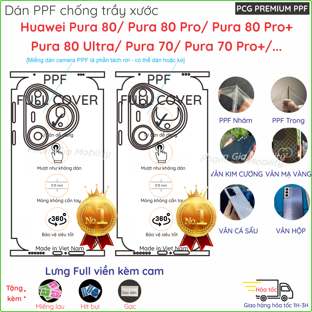Dán PPF mặt lưng FULL VIỀN dành cho Huawei Pura 80/ Pura 70 Pro Pro+(Plus) Ultra trong, nhám