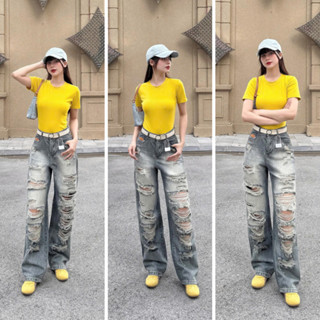 Quần jean ống suông ELWYN quần jean rách nhiều phong cách bụi bặm màu xám khói size S M L 62479