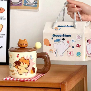  Quà tặng cốc sứ Ly sứ có nắp hình " Con Mèo " 400ml có hộp quà thích hợp làm quà tặng có muỗng chất lượng cao cấp 