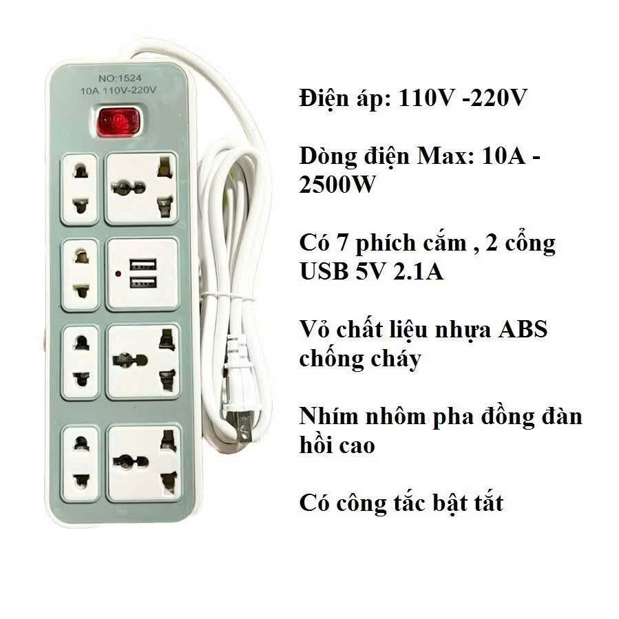 Ổ Cắm Điện USB Đa Năng Cao Cấp Chống Giật 7 Cổng Cắm USB Công Suất 2500W, Có…