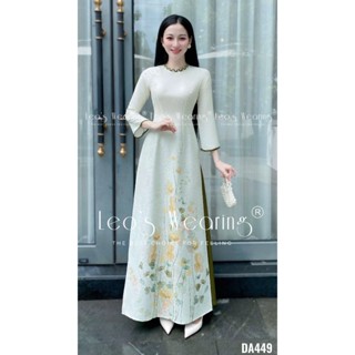 DA449 LEOSWEARING Áo dài lụa gấm cổ tròn, tay lửng hoa xanh mix 2 dáng quần thường /quần váy xanh lá