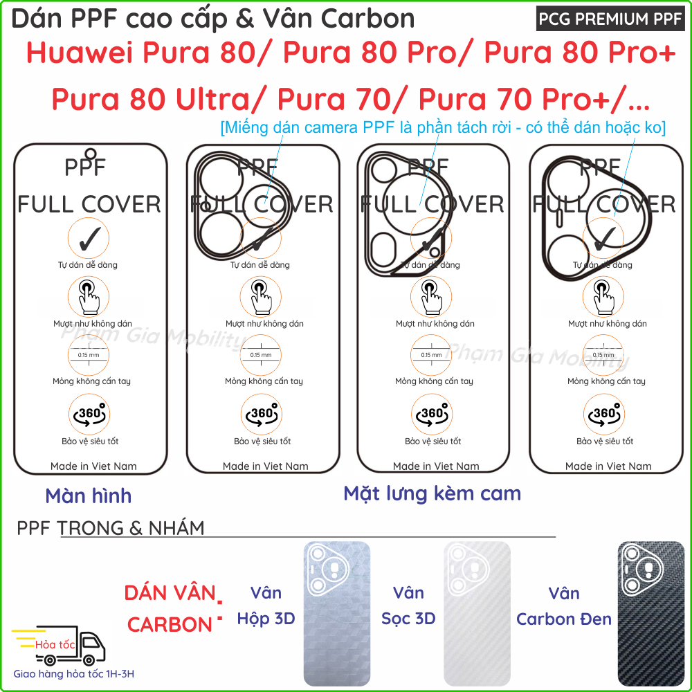 Dán PPF & Skin Carbon Huawei HW Pura 80/ Pura 70 Pro Pro+(Plus) Ultra UL loại trong, nhám cho màn hì
